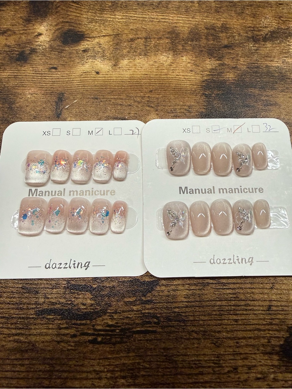2-Piece Press-On Nail Set Bundle – Butterfly Champagne & Iridescent Glitter  - M